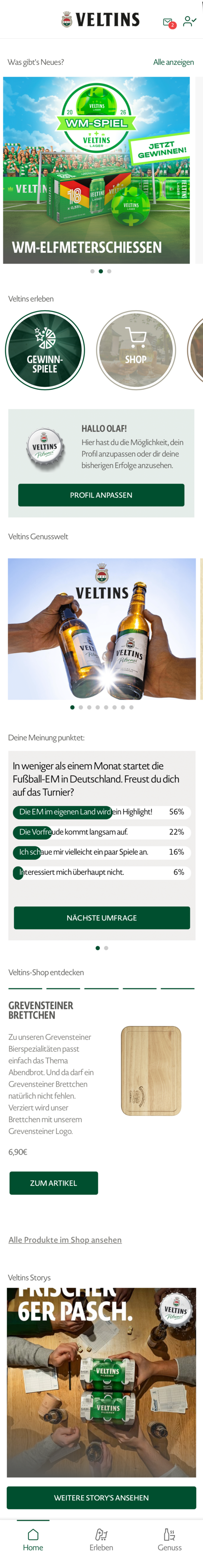 VELTINS App Screenshot Startseite – entrados iOS Android App Referenz