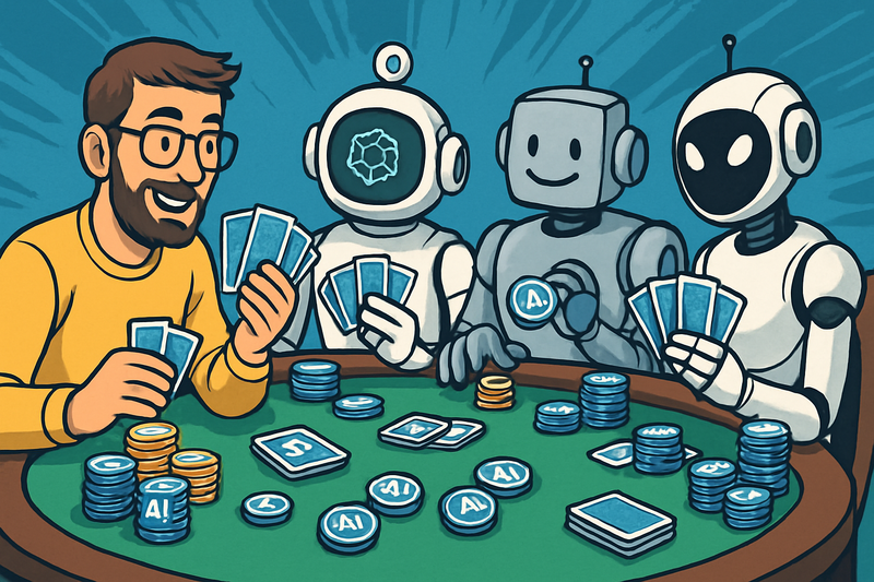 Im Comic-Stil: Unser Programmierer sitzt in einer Rund emit KI-Agenten und pokert - sie pokern um KI-Token und die Verteilung von Aufgaben.